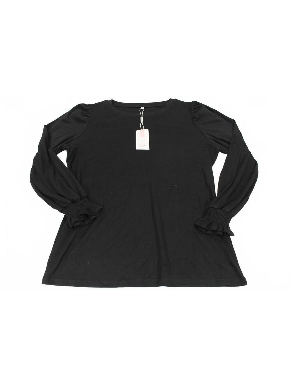 Chic Black Long Sleeve Top with Smocked Cuffs, Large